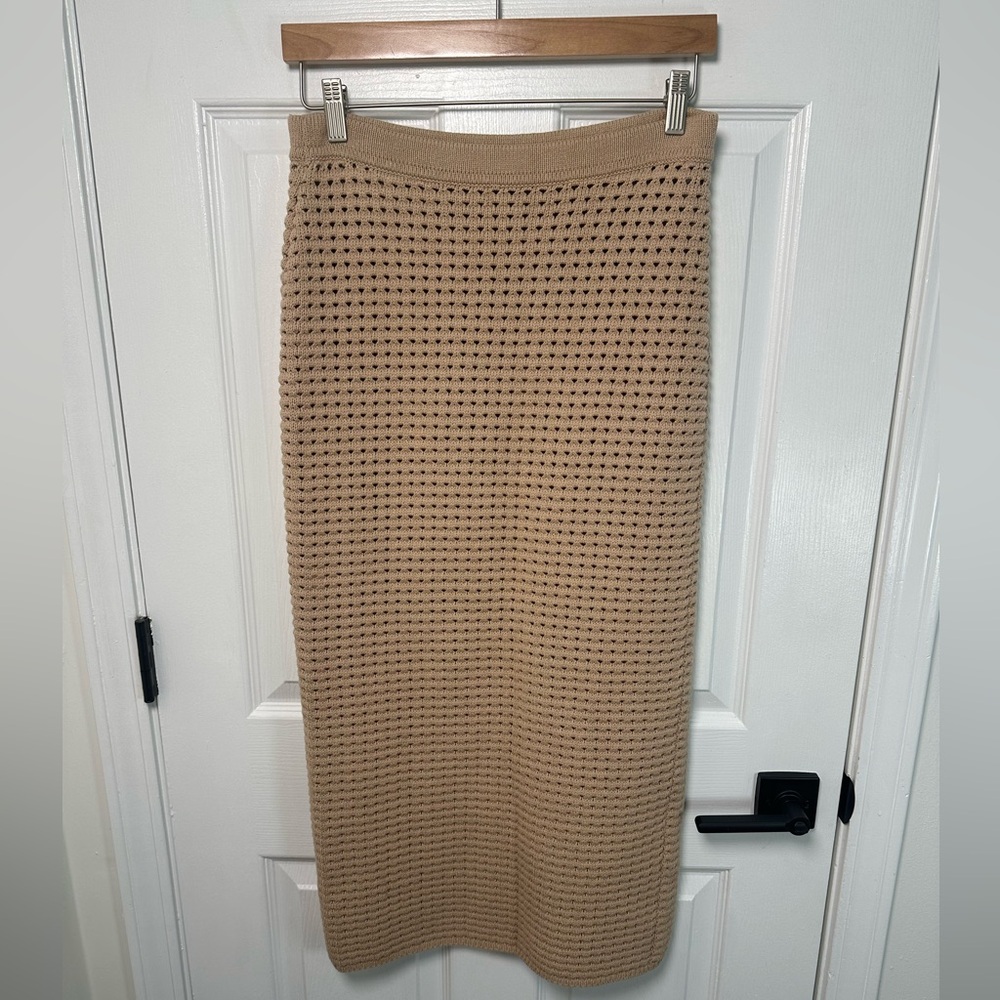 Reformation Tan Organic Cotton Crochet Trim Midi Length Skirt Size Large EUC